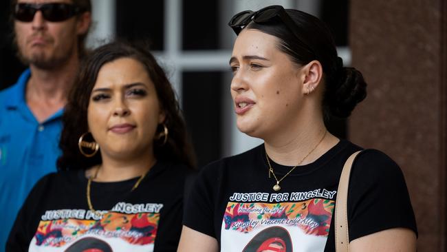 Kingsley Alley Jr's older sister, Josephine Miller-Sabino speaking outside the Supreme Court in Darwin after four people were sentenced over her teenage brother's murder in October 8, 2022. Picture: Pema Tamang Pakhrin