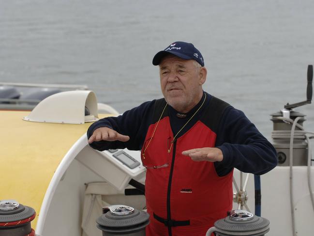 Tony Bullimore and his crew on the catamaran Doha arrives in Albany, WA, in 2006 after 11 days of radio silence. He was sailing to Hobart to make a bid to break the 70-day barrier for sailing solo around the world. Picture: Kerris Berrington