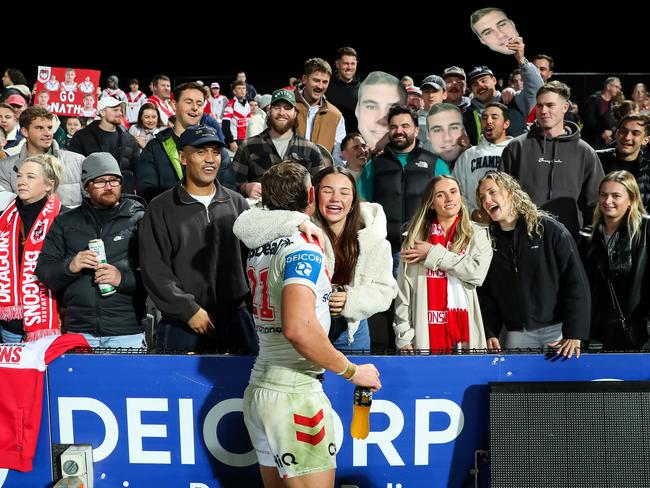Lawson celebrates with friends and family after making his NRL debut for the Dragons in Round 13. Picture: NRL Images.