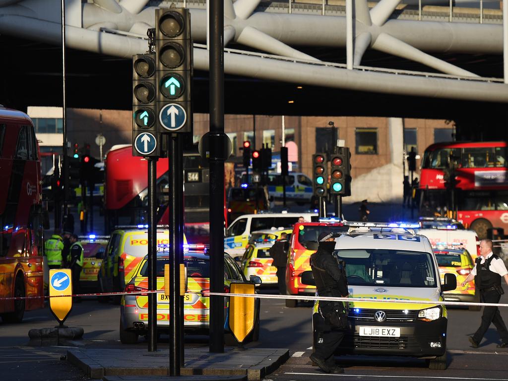 Traffic is stopped and members of the public are held behind a police cordon near Borough market, which has been the scene of a previous terror attack. Picture: Chris J Ratcliffe/Getty Images.