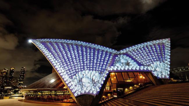 Esme Timbery's signature shell detail projected onto the Opera House for Badu Gili: Healing Spirit. Courtesy of Sydney Opera House Trust and MCA, Sydney.
