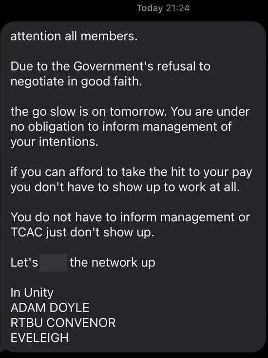 Part of the text to RTBU members, signed by convenor Adam Doyle. Picture: Supplied