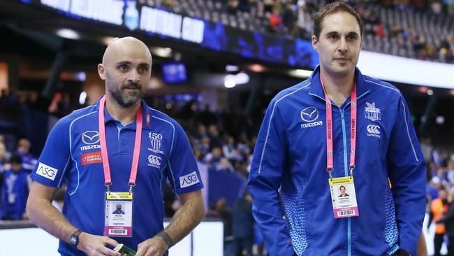 North Melbourne Interim coach Rhyce Shaw, left, with footy manager Cameron Joyce. Picture: MICHAEL KLEIN