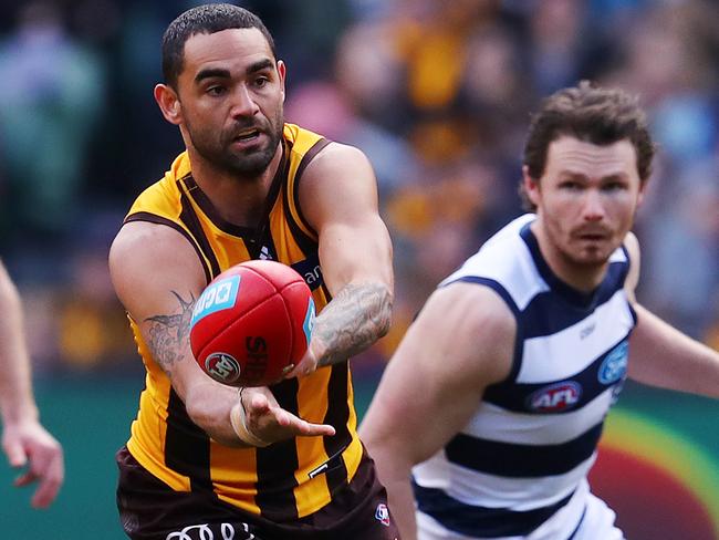 He’s durable, but a thumb injury could sideline Hawk Shaun Burgoyne. Picture: Michael Klein