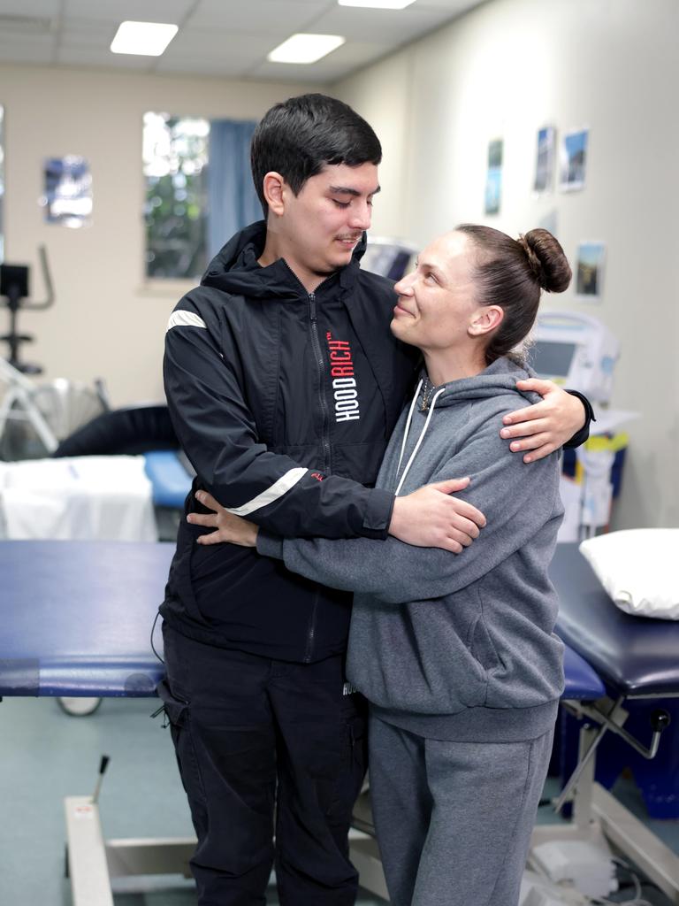 Paxton with his mum Natalie Zocarofrom hospital, where he will spend Christmas and part of 2025 following a horror accident. Picture: Steve Pohlner/Courier Mail