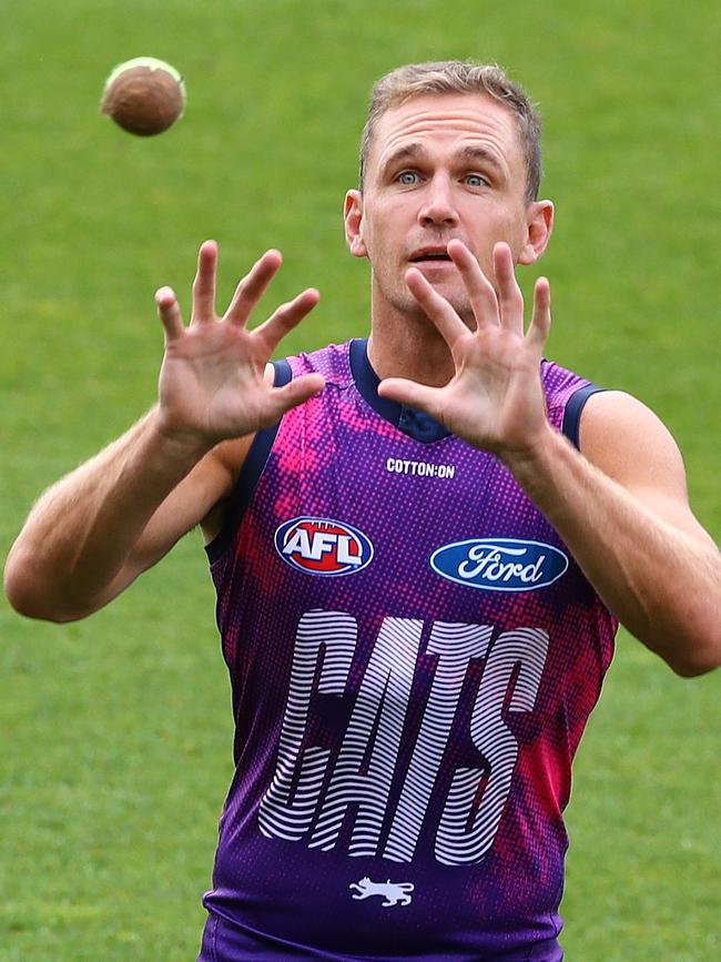 Joel Selwood is always keen to join in games at training. Picture: Alison Wynd