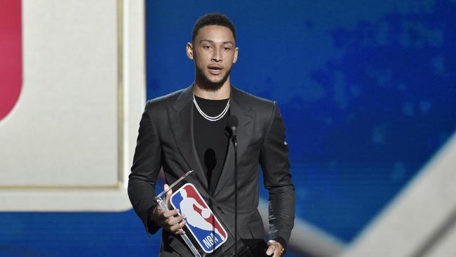 Ben Simmons, of the Philadelphia 76ers, accepts the rookie of the year award at the NBA Awards. Picture: AP