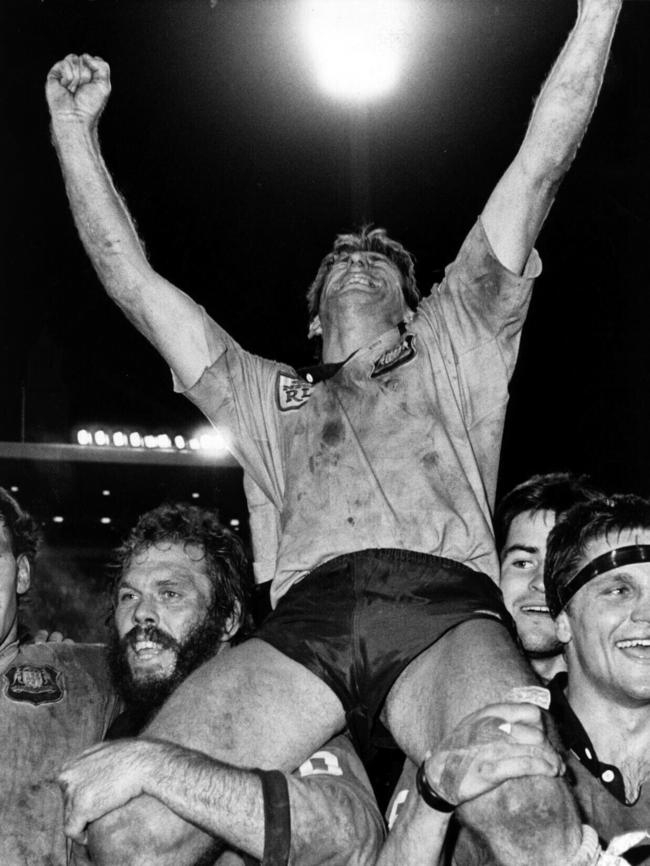 Captain Steve Mortimer is chaired from field after NSW defeated Queensland in the 1985 State of Origin series. Photo: File