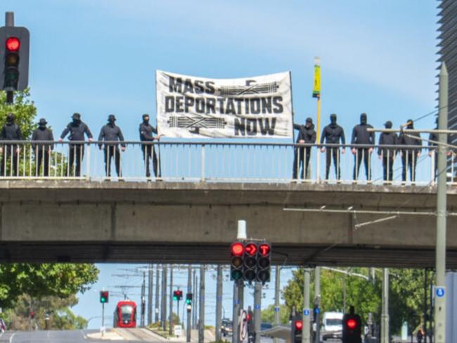 About 11am on Saturday 12 January, police were called to Morphett Street, Adelaide after reports of a protest in which the protestors were disguising their faces with ski masks. Picture: 7NEWS