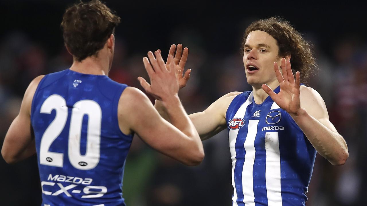 North Melbourne has been prepared to kick long to its key targets Ben Brown and Nick Larkey. Picture: Dylan Burns/AFL Photos via Getty Images.