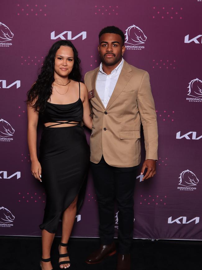 Ezra Mam and Shantelle Jones at the Brisbane Broncos’ season launch at Water’s Edge, Hamilton. Picture: David Clark