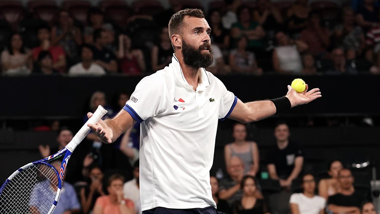 Benoit Paire of France reacts towards the match umpire during his singles match against Kevin Anderson of South Africa on day 6 of the ATP Cup tennis tournament at Pat Rafter Arena in Brisbane, Wednesday, January 8, 2020. (AAP Image/Dave Hunt) NO ARCHIVING, EDITORIAL USE ONLY