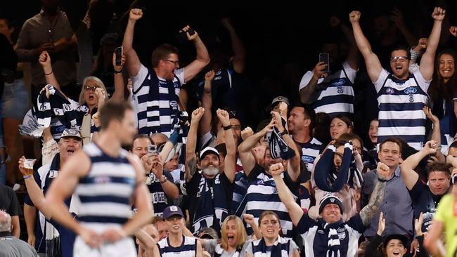 Cats fans celebrates as the final siren sounds during the 2020 AFL Second Preliminary Final match (Photo by Michael Willson/AFL Photos via Getty Images)