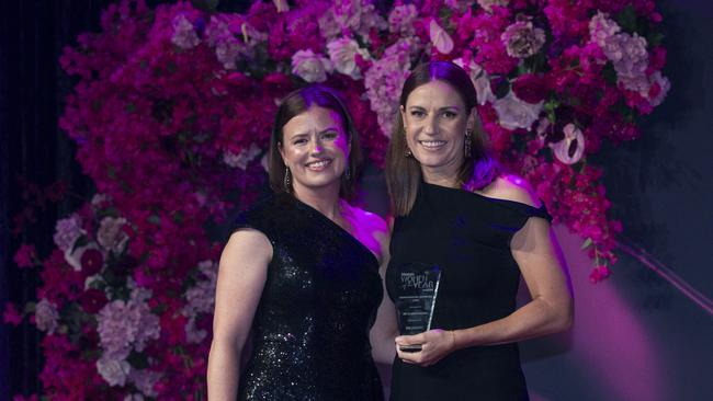 Dr Claire Madden (right) wins the Environmental Warrior Award presented by Alex Graham at the Gold Coast Bulletin Women of the Year Awards. Picture: Glenn Campbell