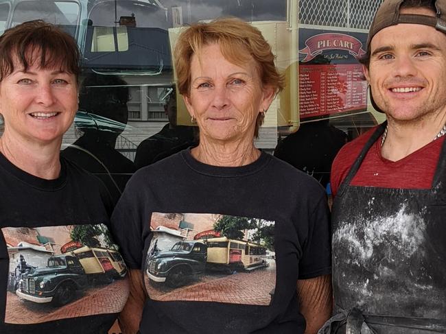 Owner Sharon Restall and Kim Baker beside Jeremy Milosevic (left to right) pictured outside Lismore Pie Cart Bakery on Magellan St, Lismore.