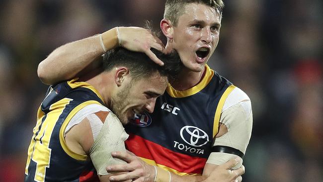 Adelaide’s Lachlan Murphy celebrates a goal with Matt Crouch. Picture: Sarah Reed