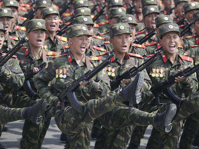 Soldiers march across Kim Il Sung Square during a military parade. Picture: AP