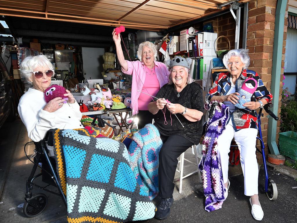 When Margaret Marion's (centre right) knitting and sewing group couldn't meet at their local hall during lockdown, she opened up her garage for neighbours to drop by every day for a chat. Picture: Nicki Connolly