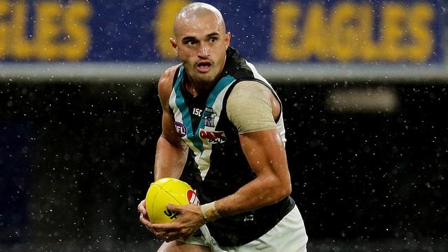 Sam Powell-Pepper copped a knock and was unable to finish the match in Port’s win over West Coast. Picture: AFL Photos/Getty Images