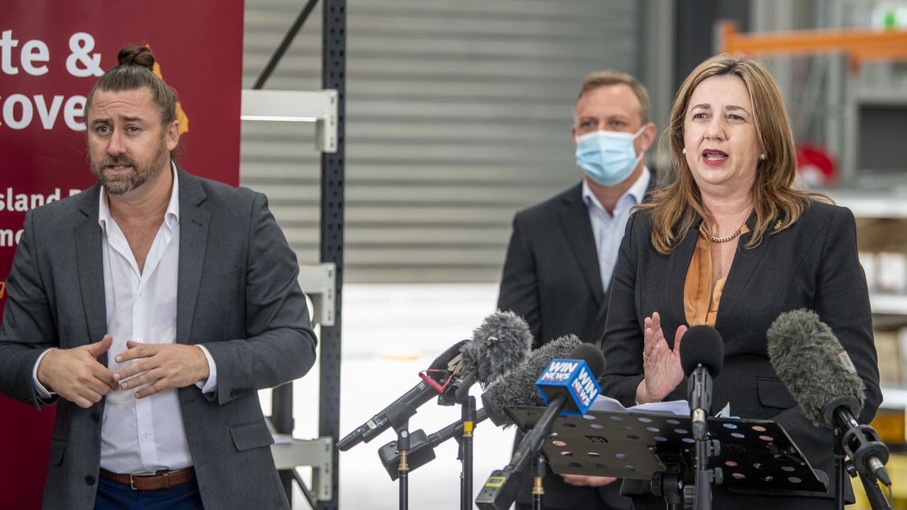 Queensland Premier Annastacia Palaszczuk and Deputy Premier Steven Miles (centre) visit the Wellcamp quarantine hub. Picture: Nev Madsen.