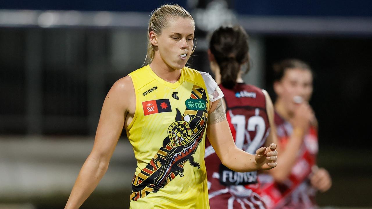 DARWIN, AUSTRALIA - OCTOBER 26: Katie Brennan, Captain of the Tigers reacts after the final siren during the 2024 AFLW Round 09 match between the Essendon Bombers and the Richmond Tigers at TIO Stadium on October 26, 2024 in Darwin, Australia. (Photo by Dylan Burns/AFL Photos via Getty Images)