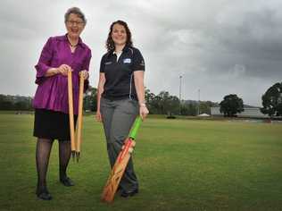 Mayor of Lismore, Jenny Dowell and Laura Piekarski, ICC Representative, at the Lismore Oaks oval. Lismore has been awarded the 2014 Pepsi ICC East Asia-Pacific Men's Trophy. Picture: Mireille Merlet-Shaw