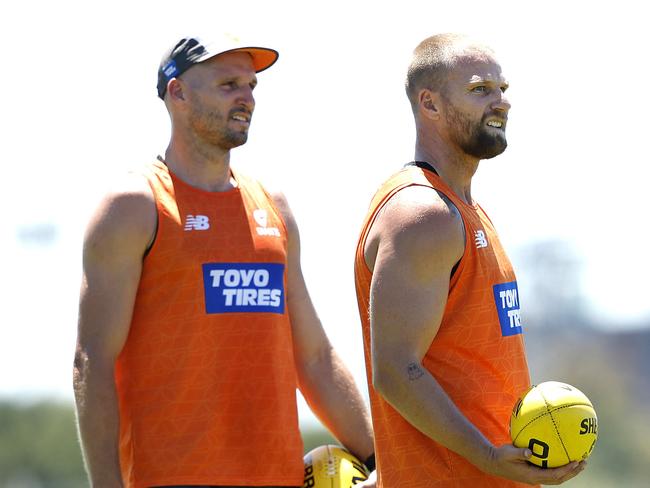 Jake Stringer and Jesse Hogan during the GWS Giants first training session back for all players on December 2, 2024. Photo by Phil Hillyard (Image Supplied for Editorial Use only - **NO ON SALES** - Â©Phil Hillyard )