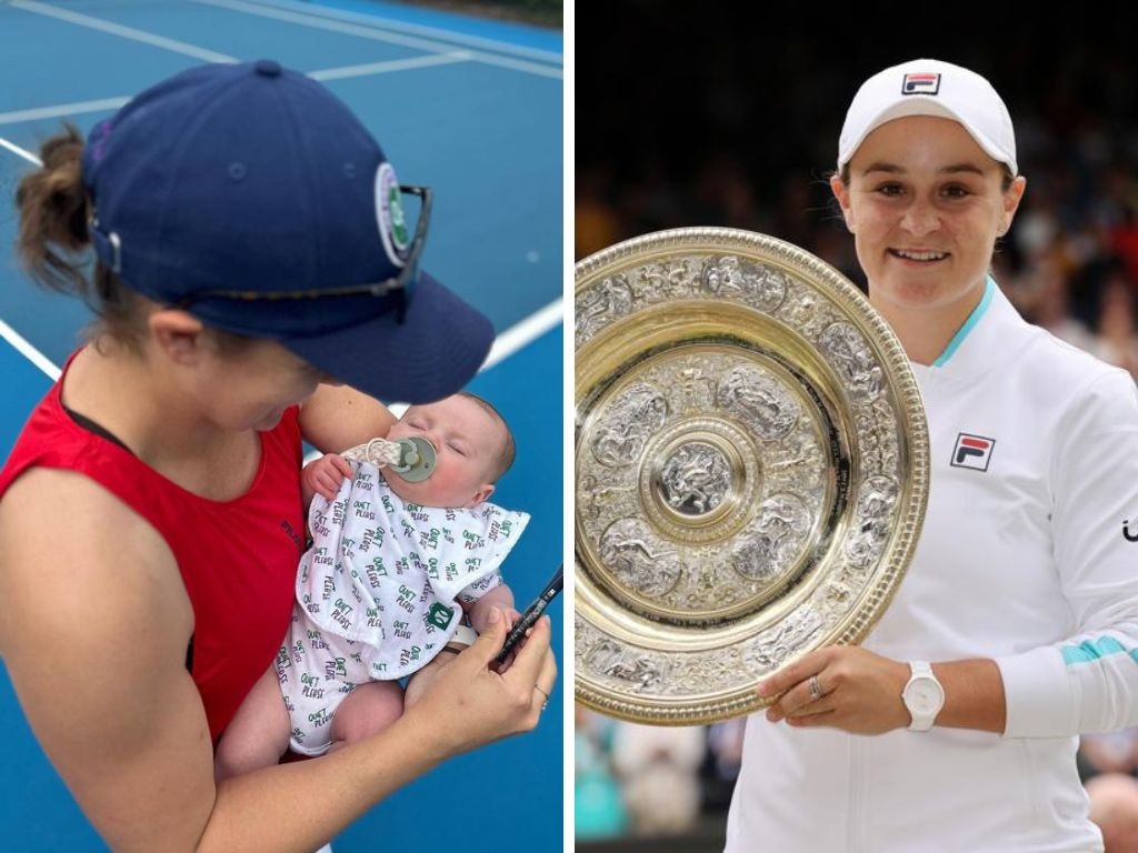 Ash Barty with her baby Hayden and (right) her Wimbledon victory in 2021. Photo: Getty Images