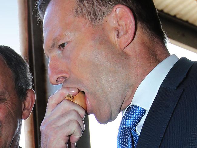 (L-R) Eric Hutchinson MP, Charlton Farm Produce Director David Addison look on as Prime Minister Tony Abbott samples an onion during a visit to Charlton Farm Produce at Moriarty