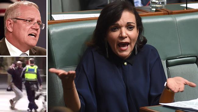 Dr Anne Aly (right) with Prime Minister Scott Morrison and a screen grab of a video from the Bourke Street attack.