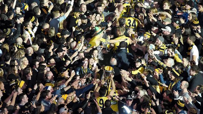 Richmond fans join the players to celebrate the Tigers’ drought-breaking flag. Picture: Nicole Garmston