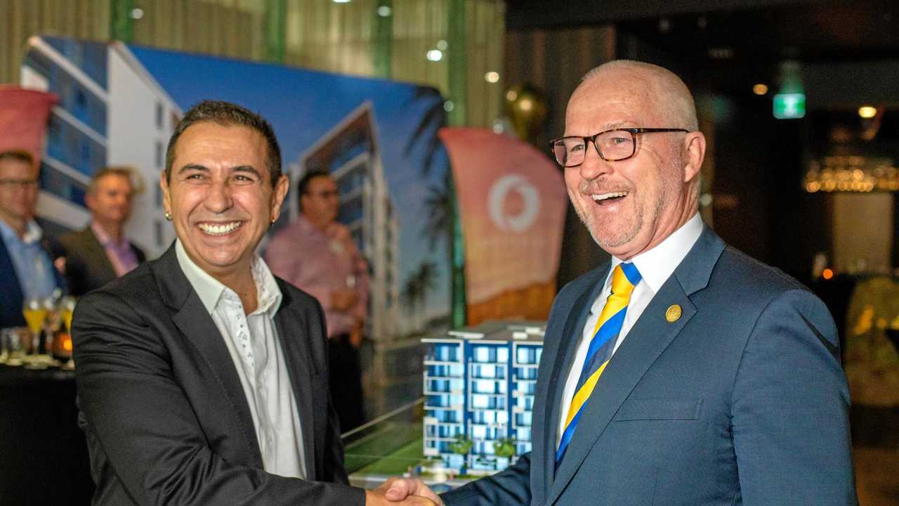 Sunshine Coast Mayor Mark Jamieson and property developer and mayoral campaign donor Walter Iezzi at the official launch of his latest project ahead of formal council approval. Picture: Cade Mooney Photographer