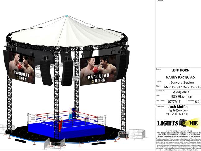 Sketches showing the boxing ring  layout at Suncorp Stadium for the Jeff Horn v Manny Pacquiao title fight.