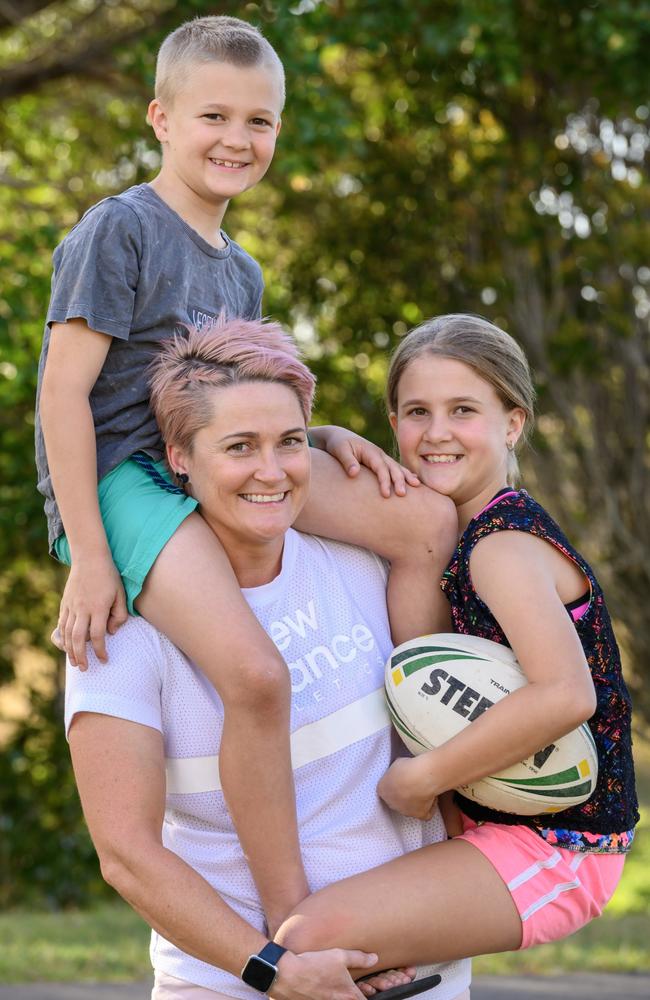 NRLW Bronco Chelsea Baker with children Quade, 9, and Maddison, 10. Picture: William De Bois