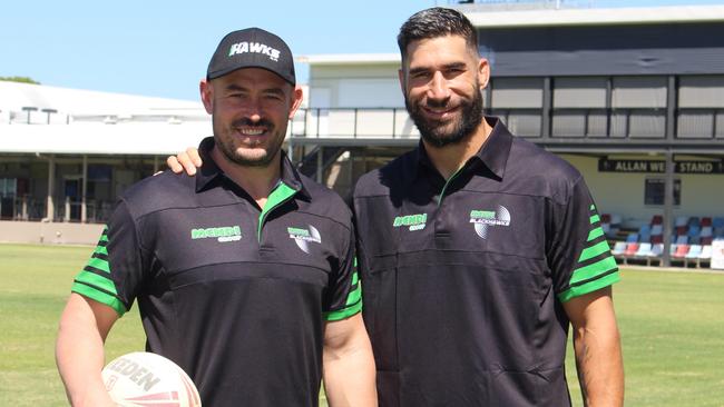 Incoming Townsville Blackhawks coach Terry Campese with 2024 signing James Tamou. Picture: Supplied.