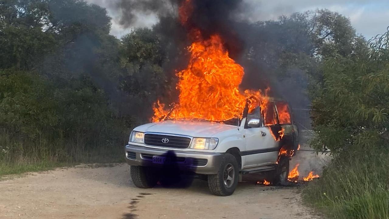 Car fire near the scrub on Woods road, Duck Ponds, near Port Lincoln. Picture: Lincoln CFS