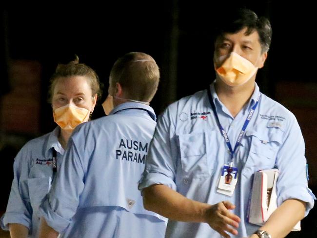 Teams from AUSMAT and the Australian Defence Force at the Christmas Island quarantine zone. Picture: Nathan Edwards