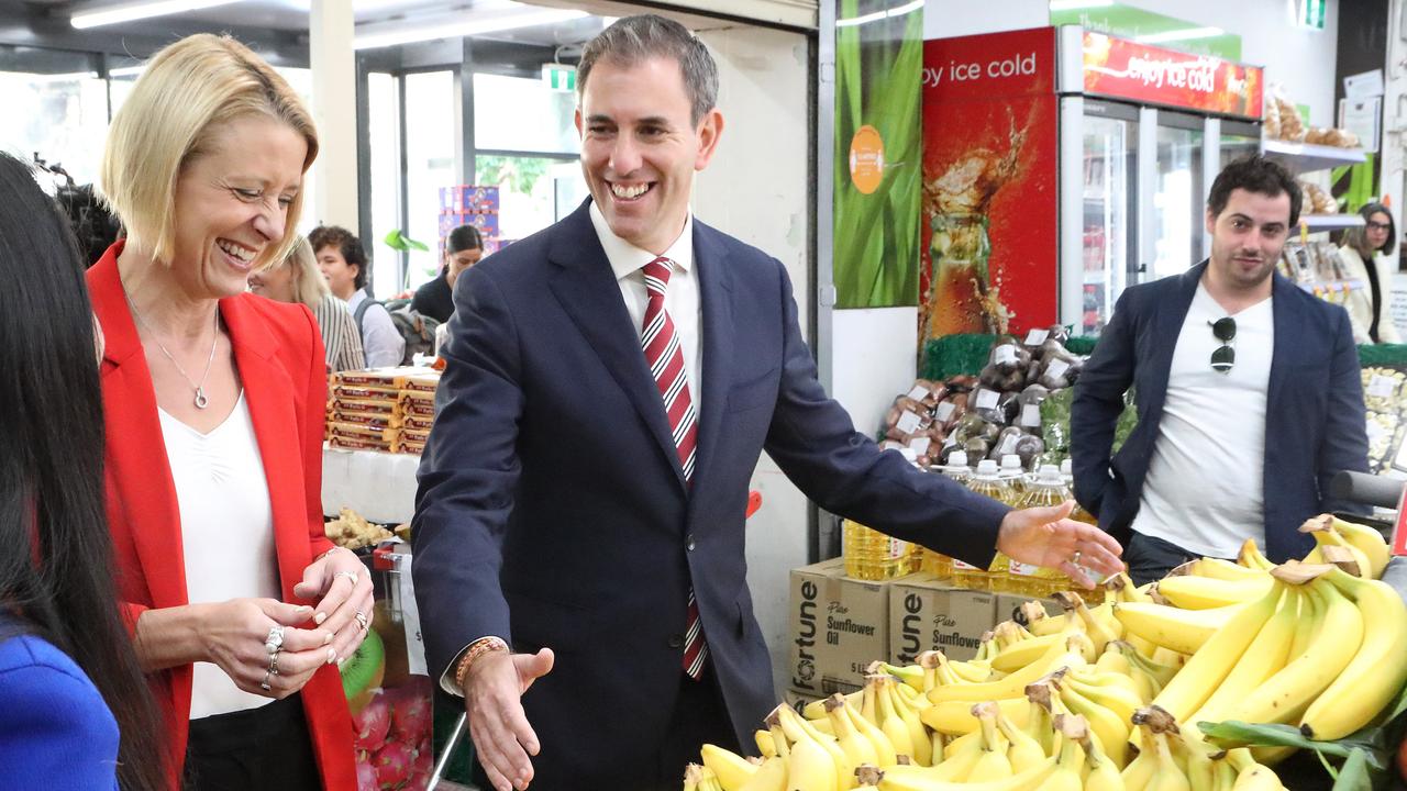 Grocery prices are a banana skin … Labor's Jim Chalmers and Kristina Keneally campaigning on the cost of living in Sydney’s western suburbs. Picture: Liam Kidston