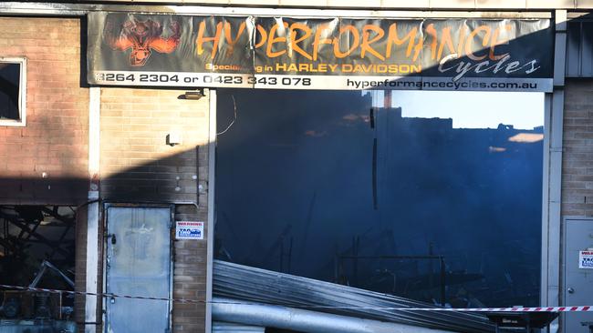 UP IN SMOKE: Stevens’ torched motorcycle workshop in Ridgehaven. His Australian visa was cancelled in June.