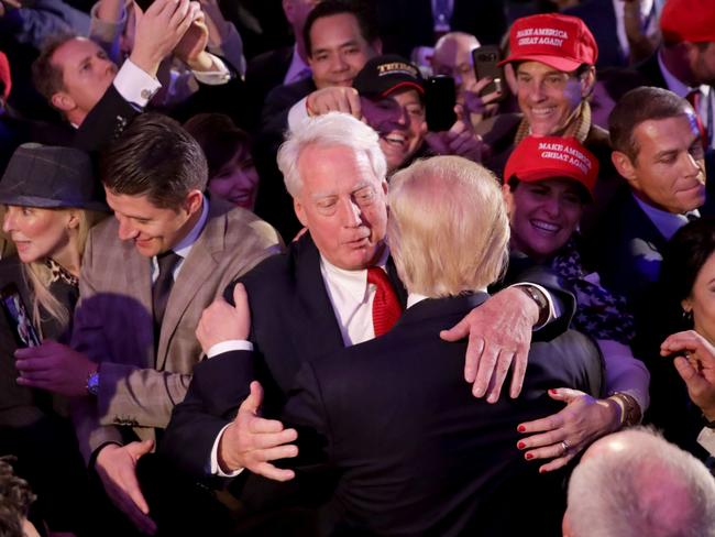 In 2016, Donald Trump (front) hugs his brother Robert Trump after delivering his acceptance speech in New York. Picture: AFP