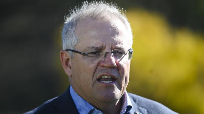 Prime Minister Scott Morrison speaks during a visit to Robyn Rowe Chocolates with the Liberal candidate for the seat of Eden-Monaro Fiona Kotvojs in Murrumbateman. Picture: AAP