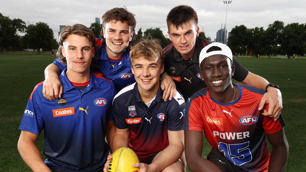 MELBOURNE , AUSTRALIA. November 17, 2023. AFL Draft hopefuls AFL football training at Goschs Paddock. L-R. Caleb Windsor, Nick Watson, Ryley Sanders, Colby McKercher and Tew Jiath . Pic: Michael Klein