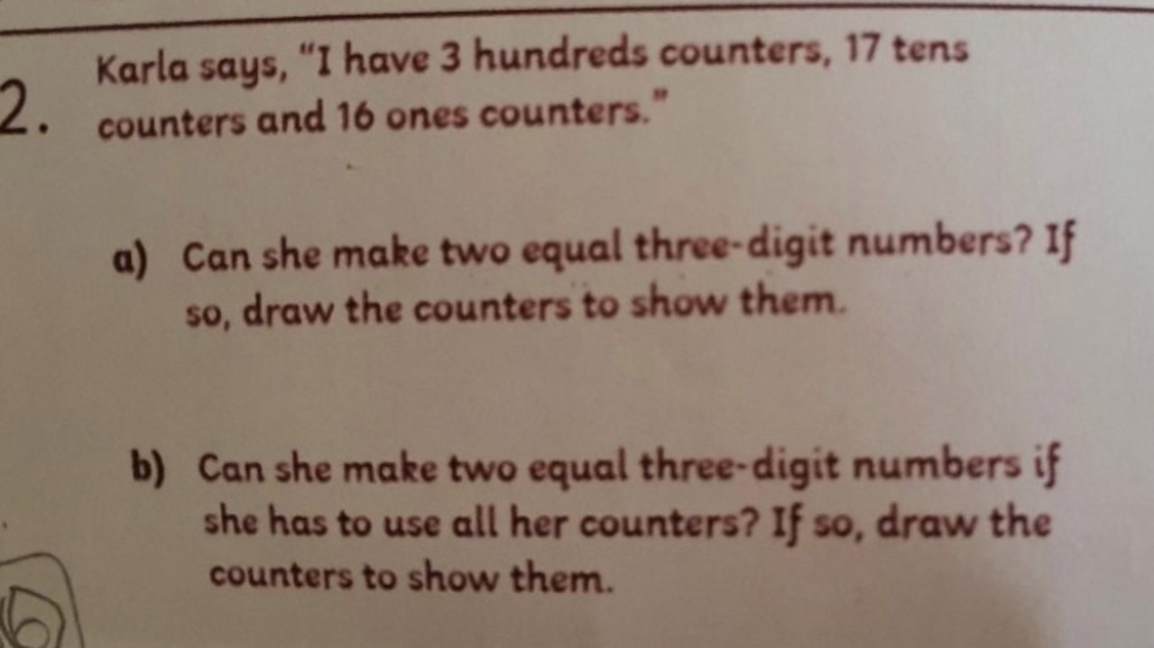 A mum asked for help over her seven-year-old son’s maths homework after it completely baffled her. Picture: Facebook