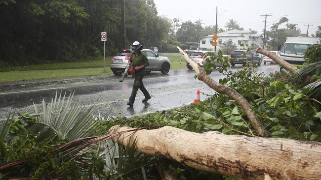 Jake Stackman clears debris from Gatton Street in Parramatta Park after a large tree fell across the road in wet and wild weather conditions. Picture: Brendan Radke