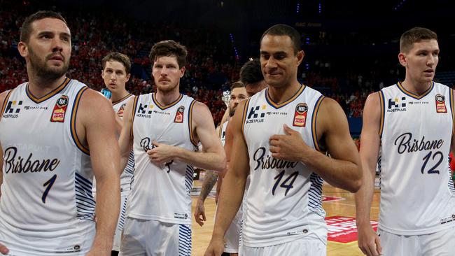 Bullets players leave the court after their heavy loss to the Wildcats in Perth on Thursday night. Picture: AAP 