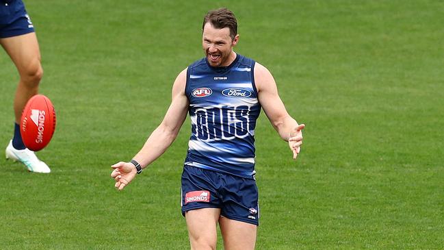 Geelong captain Patrick Dangerfield trained strongly last week but was held out of the North Melbourne clash as he recovers from a hamstring injury. Picture: Alison Wynd