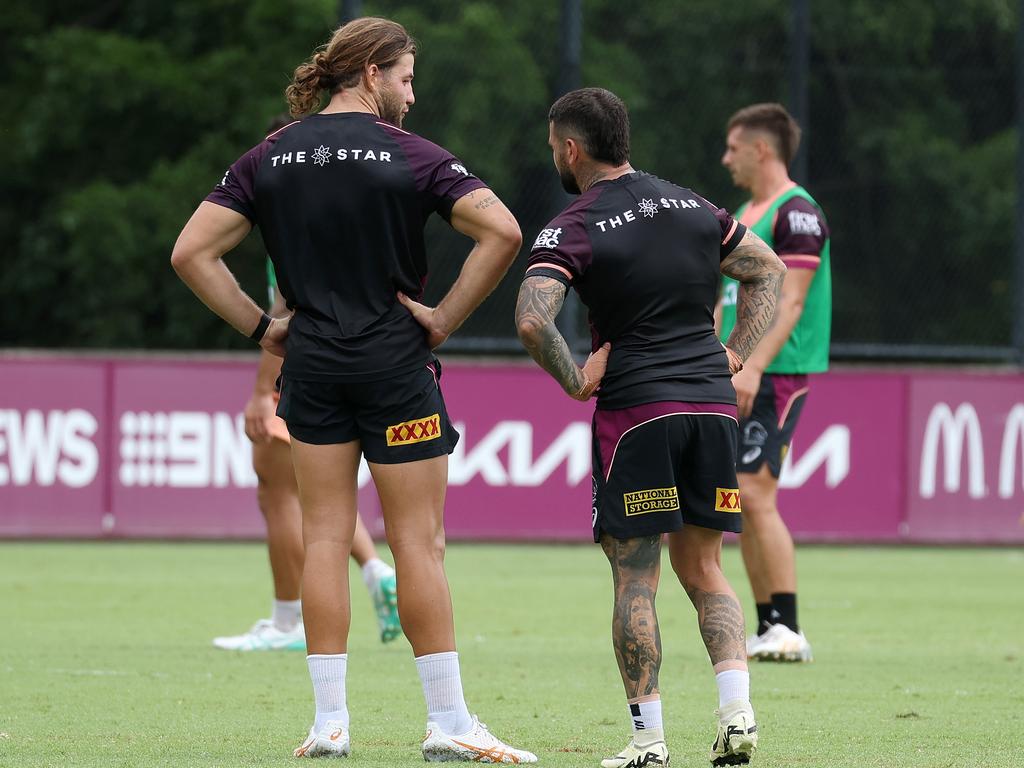 Patrick Carrigan and Adam Reynolds, Brisbane Broncos training, Red Hill. Picture: Liam Kidston