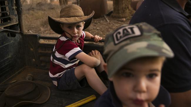 Edward Cox, 5, and his brother James Cox, 2, on their family's property near Collie, north of Dubbo. Currently in the midst of the worst drought their worst drought on record, they farm sheep, cattle and grain. Picture: Dylan Robinson