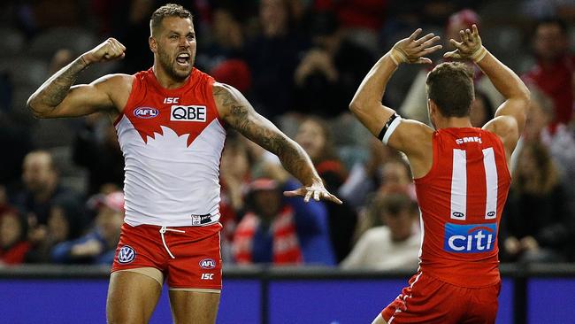 Lance Franklin celebrates a goal for Sydney against the Bulldogs.