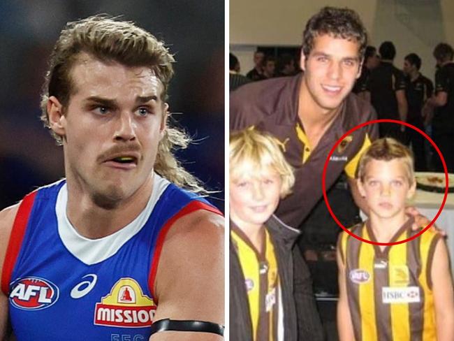 Western Bulldogs midfielder Bailey Smith pictured playing AFL (left) and as a child with Hawthorn player Lance Franklin (right)